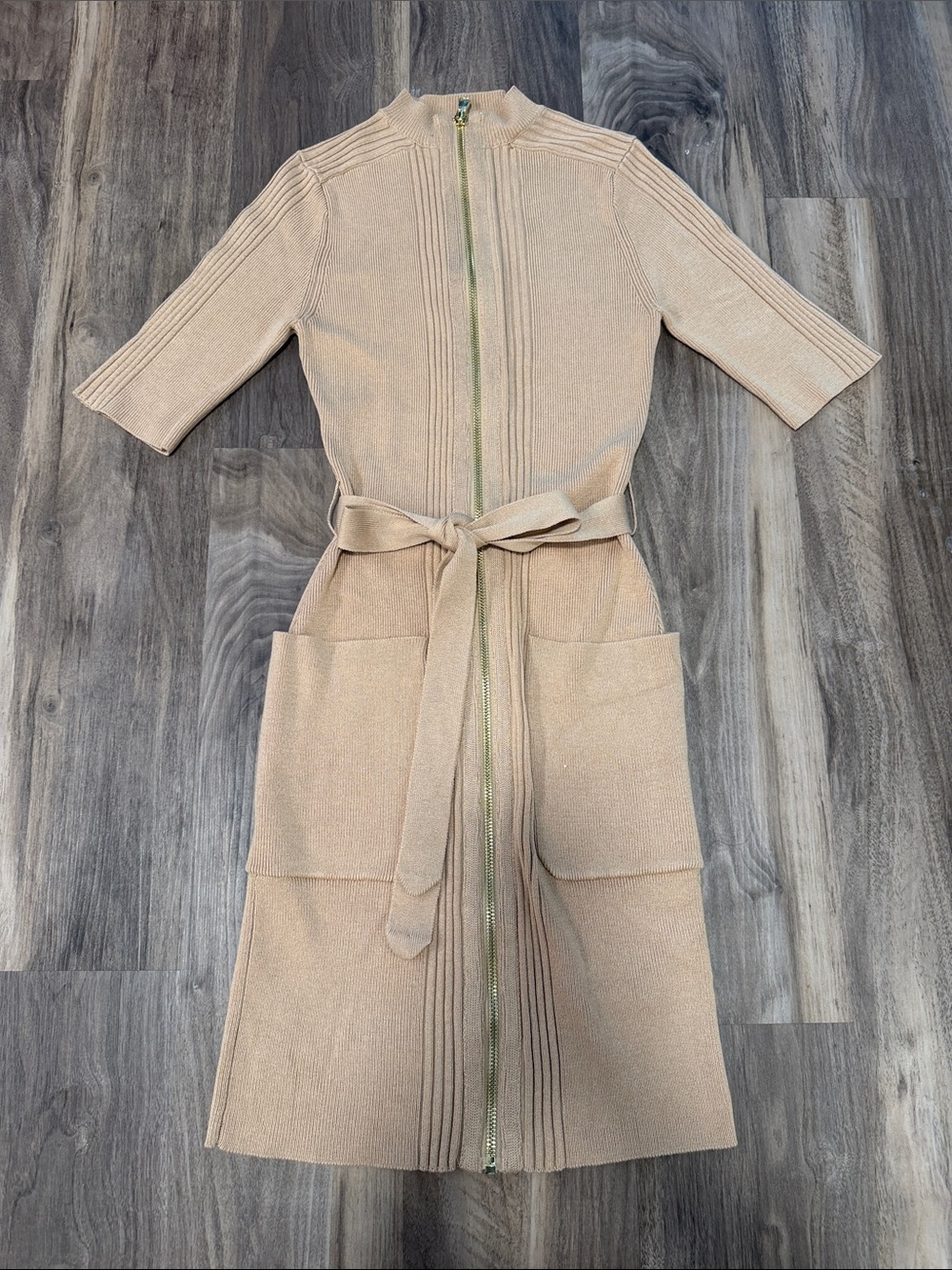 Guess Beige Zip-Front Knit Mini Dress